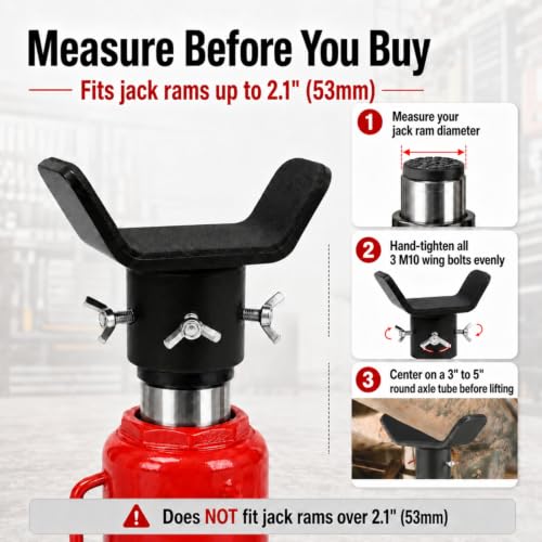 Bottle Jack Adapter with Triple-Lock, Fits 8-20 Ton Bottle Jacks up to 2.1" Ram Diameter, Heavy Duty 1/4" Steel Saddle for 3" to 5" Round Axle Tubes, for RVs, Trucks and Trailers - color: Black (10–20T)