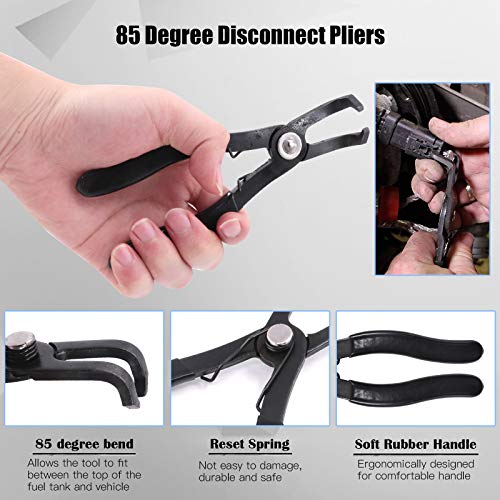 Glarks Fuel Line Pliers Set, 9 Inch Fuel Filter Caliper Hose Pipe Clamp Clip and 80 Degree Disconnect Pliers Set for Car Maintenance