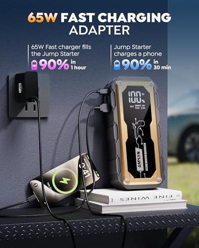 Car Jump Starter with 65W Quick Charger 24000mAh Battery Pack,12V Car Battery Jumper Starter Portable,LED Display,All Gas 12L Diesel Engine Booster,Jump Box with LED Light,Jump Cable - color: Gold