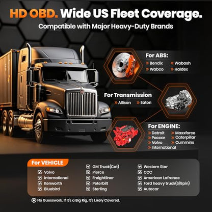ANCEL New HD601 Heavy Duty Truck Scanner, Diesel Full System Diagnostic Scan Tool Fits for Cummins, Detroit, Volvo, Paccar & Caterpillar, 2 in 1 HDOBD & OBD2 Code Reader for Commercial Vehicles & Cars - color: orange