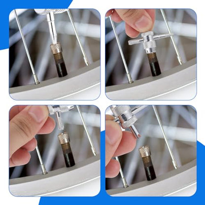 4 PCS Valve Stem Tool Keychain & 4-in-1 Tire Valve Core Removal Tool, Stainless Steel Portable Valves Core Disassembly and Repair Tools for Bicycle Car Motorcycle Repair Install Accessory