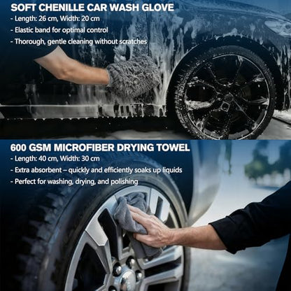Professional Car Wheel Cleaning Kit with Ultra-Flat Wheel Brush, Tire Brush, Detailing Brush, Chenille Wash Mitt, Tire Shine Applicator Pad, Microfiber Towel | Gentle Scratch-Free Car Wash & Care