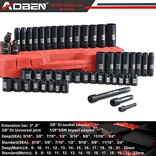 AOBEN 3/8-Inch Drive Impact Socket Set, 49 Pieces,6 Point (5/16" - 3/4", 8mm - 22mm), Deep/Shallow, Includes 3", 6" Extension bars, Universal Joint, 1/2" to 3/8" adaptor, 3/8" Inch Socket Adapter - size: 3/8-Inch 49PCS