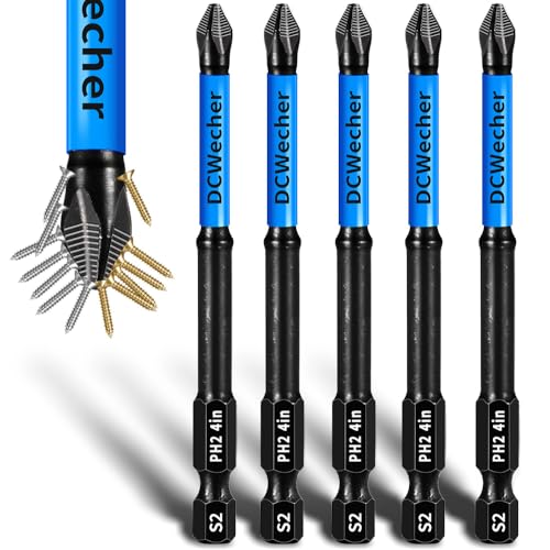 4-Inch Long Phillips Head Drill & Screwdriver Bits 5-Pack, 2 Phillips Bits #2 Impact Magnetic, S2 Alloy Steel, CNC Anti-Slip, 1/4" Hex Shank, Ph2 for Impact Driver, by DCWecher - size: 4 inch 5-pcs PH2