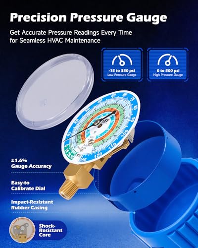 Orion Motor Tech AC Gauge Set, 3-Way AC Manifold Gauge Set for R12 R134a R502 R22 Refrigerant with 5 ft. Hoses, Automotive A/C Gauge with R134a Couplers Self-Sealing & Piercing Can Taps 29° Adapter - size: R134a R22 R12 R502