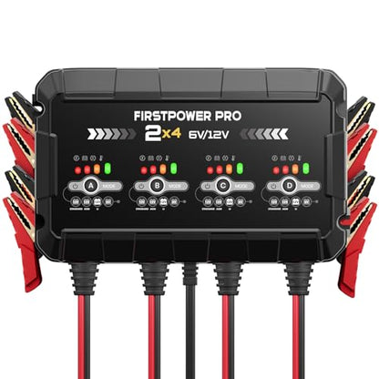 8A 4-Bank Car Battery Charger (2A/Bank) - 6V & 12V Automatic Trickle Charger, Motorcycle Battery Maintainer & Desulfator with Overcharge & Temperature Compensation – for Lead Acid, AGM, Gel, LiFePO4
