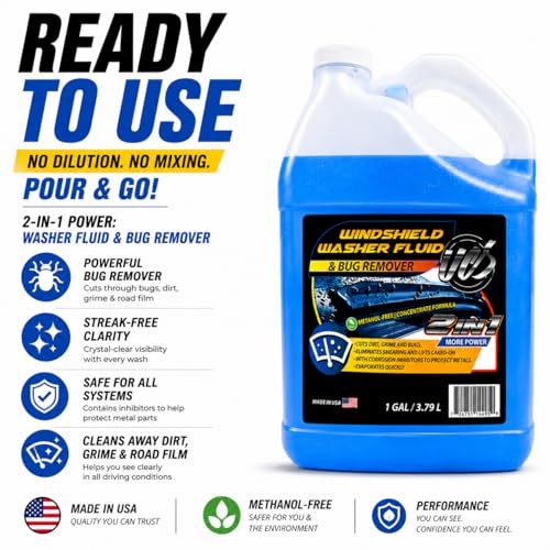 UCS Windshield Washer Fluid 2-in-1 Bug Remover – Ready to Use Formula – Streak-Free Cleaning – Removes Dirt & Road Grime – 1 Gallon (128 fl oz) Methanol-Free - color: Blue, size: 128 Fl Oz (Pack of 1)