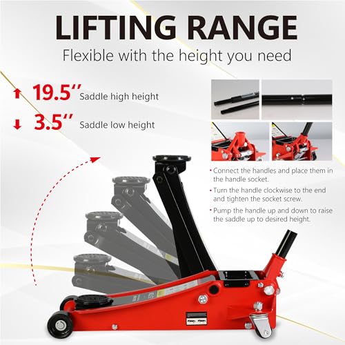 2.5T Low Profile Steel Floor Jack, 5500 lb, Dual Pump, 3.5"-19.5" Lift, Red | Heavy-duty steel construction. Dual piston quick lift pump. Low profile design. Safety overload protection - size: 2.5T Dual Pump 3.5"-19.5"(Red)