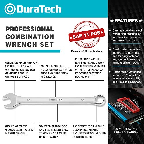 DURATECH Combination Wrench Set, SAE, 11-Piece, 1/4'' to 7/8'' | 12-Point, CR-V Steel, Organized in Wrench Holder - size: Set (1/4'' to 7/8'')