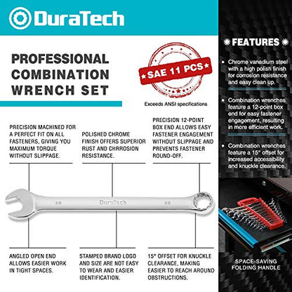 DURATECH Combination Wrench Set, SAE, 11-Piece, 1/4'' to 7/8'' | 12-Point, CR-V Steel, Organized in Wrench Holder - size: Set (1/4'' to 7/8'')