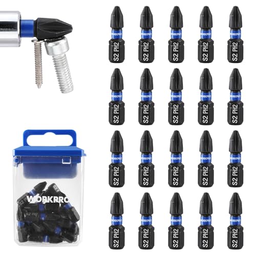 WORKPRO 20pcs PH2 Impact Phillips Screwdriver Bit Set, CNC Machined S2 Steel Tips with Magnetism, 1/4" Hex-Shank Driver Bits, 1" Long Impact Screwdriving Bits with Storage Box - size: 1 in