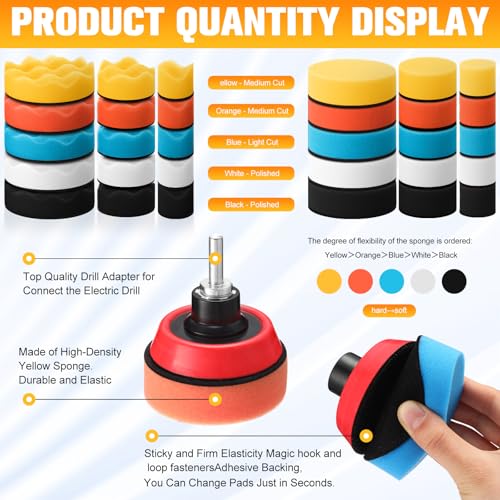 Maxdot 74 Pcs Car Foam Drill Polishing Pad Kit 60 Pcs 1inch 2inch 3inch Buffing Pads Backing Adapters Mix Size Car Detailing Polishing Supplies