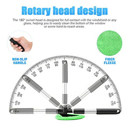 Windshield Cleaning Tool, Car Window Cleaner with Extendable Long Handle and 4 Washable Reusable Microfiber Pads, Auto Interior Exterior Glass Wiper Cleaning Kit Universal for Office and Home (Green) - color: Green