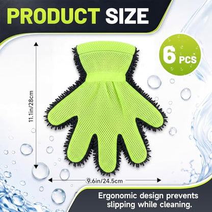 6 Pcs Microfiber Car Wash Mitt Scratch Free Double Sided, Chenille Ultra-Soft Car Wash Glove, Thickened Substrate 5-Finger Split Design for Auto Cleaning Detailing Care