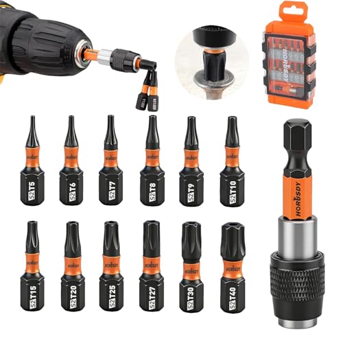 HORUSDY Tamper Proof Torx Bit Set, 13-Pieces T5-T40 Security Torx Bits with Magnetic Tips, Torque Star Bits with 2.1" Self-locking Quick Change and Storage Box, S2 Steel - style: New Version