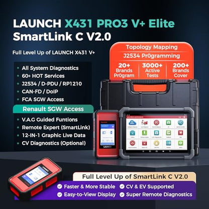Launch X431 PRO3 V+ Elite, 2026 Bidirectional Scan Tool with J2534 Protocol | Online Coding, Topology Map 60 Service Diagnostic Scan Tool,3000+ Active Test Scanner for Car, DoIP D-PDU FCA, 2-Year Update