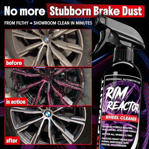 Carfidant Rim Reactor Wheel Cleaner Spray – No Scrub Formula with Purple Iron Remover Reaction – Removes Brake Dust & Grime – Safe for All Wheels (Aluminum, Chrome, Black) – pH Neutral – 16oz - size: 16 Fl Oz (Pack of 1)