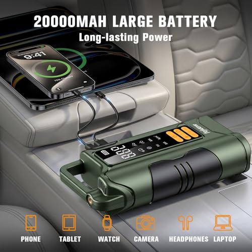 Jump Starter with Air Compressor, 6000A Car Battery Jump Starter, 20000mAh Battery Jumper Starter Portable for 10L Gas/Diesel Engine with 160PSI Booster, LED Display & Light, Jumper Cables - size: 6000A+20000mAh
