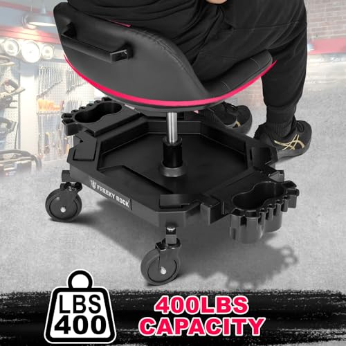Rolling Stool with Wheels, Adjustable Height Pneumatic Garage Work Mechanic Stool Seat with Backrest, 400 LBS Capacity 360° Swivel Mechanic Crepper Chair with Tool Tray Storage, Pink - color: Pink