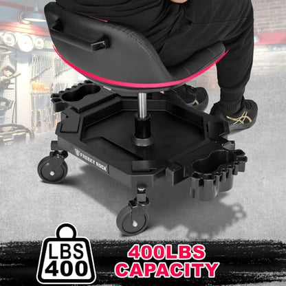 Rolling Stool with Wheels, Adjustable Height Pneumatic Garage Work Mechanic Stool Seat with Backrest, 400 LBS Capacity 360° Swivel Mechanic Crepper Chair with Tool Tray Storage, Pink - color: Pink