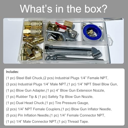 24Pcs Pneumatic Accessory Kit,Pneumatic Blow Gun Parts Set | For Dust Cleaning and Blowing,With 1/4" NPT Quick Connect Coupler, valve adapters, nozzles, nipples, inflator set,etc.