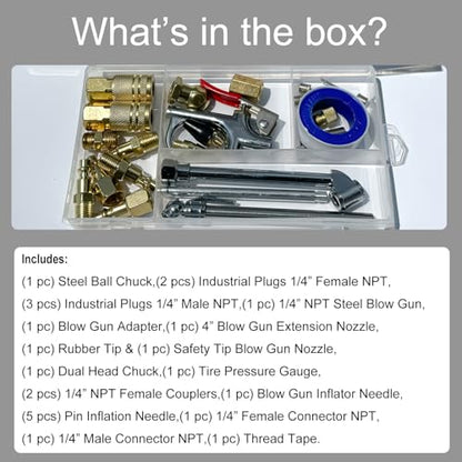 24Pcs Pneumatic Accessory Kit,Pneumatic Blow Gun Parts Set | For Dust Cleaning and Blowing,With 1/4" NPT Quick Connect Coupler, valve adapters, nozzles, nipples, inflator set,etc.