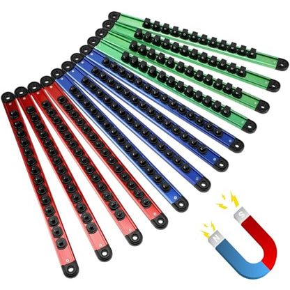 Ceenna 12 Piece Magnetic Socket Organizer Set, Heavy Duty Socket Holder, Sockets Rack Kit with 1/4-inch x 14 Clips, 3/8-inch x 14 Clips, 1/2-inch x 12 Clip, Gift for Men, Red, Blue and Green