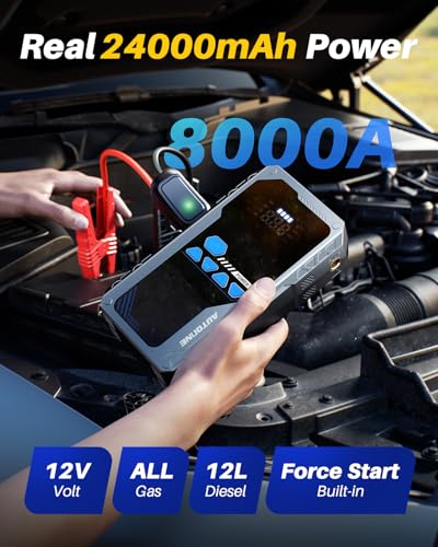 AUTOONE JWA2 Jump Starter with Air Compressor (All Gas/12L Diesel), 150PSI Car Jumper Starter Portable, Jump Box Tire Inflator with LED Flashlight, LCD Display, Storage Case - size: With Inflator 8000A