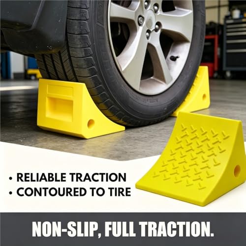 Heavy Duty Rubber Wheel Chocks (2 Pack) - Non-Slip Solid Tire Stoppers for Boat Trailer, RV, Truck, Camper - Yellow, Pre-Drilled Hole & Grab Handle(Yellow) - color: Yellow