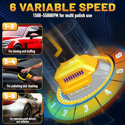 Brushless Cordless Buffer Polisher Compatible with Dewalt 20V Battery(Tool Only) - 15mm Dual Action | 10000RPM High Power | 6-Speed ControlPolisher with 6 Buffing Pads for Car Detailing Polishing