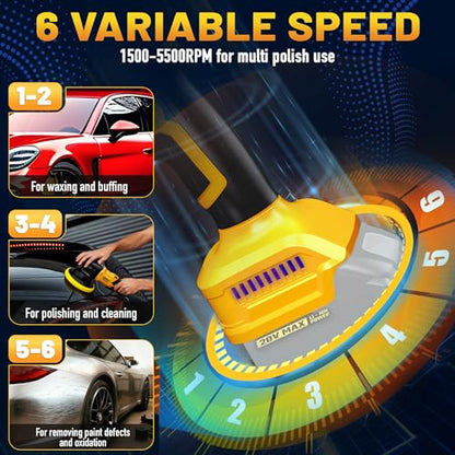 Brushless Cordless Buffer Polisher Compatible with Dewalt 20V Battery(Tool Only) - 15mm Dual Action | 10000RPM High Power | 6-Speed ControlPolisher with 6 Buffing Pads for Car Detailing Polishing