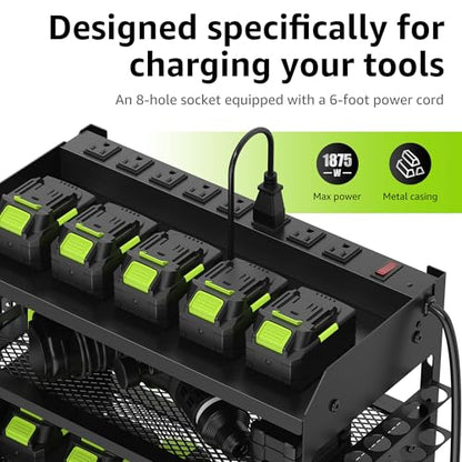 HUPBIPY Modular Power Tool Organizer Wall Mount Drill Holder Garage Shelf | 4 Layer Heavy Duty Rack with Charging Station Drill Holders and Magnetic Tool Holder Strip Tool Battery Holder Gift for Men - color: Black 1 pack