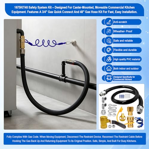 1675KIT48 Safety System Kit, 48" Commercial Gas Hose Connector Kit with 3/4" Quick Disconnect,Gas Line Hose for Kitchen Equipment Commercial Standard Gas Connector,Full Port Valve,Restraining Devices.