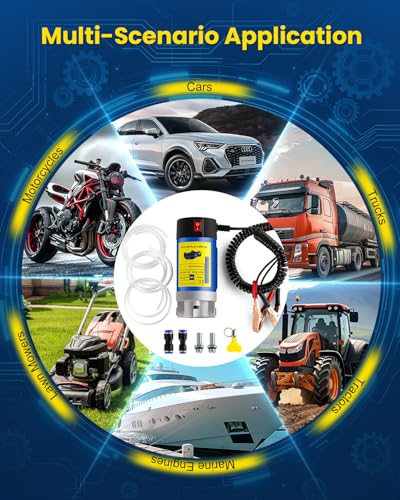 12V 100W Electric Oil Change Pump - Multi-Purpose Fluid Extractor & Transfer Pump for Engine Oil, Transmission Fluid, Gear Oil - Compatible with Boat, Lawn Mower, Generator, Car, RV (3 Hoses+Adapters)