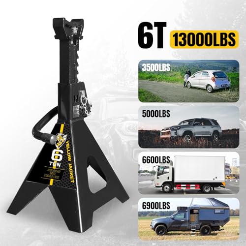 YELLOW JACKET Jack Stands 6 Ton with Double Locking for Lifting Car SUVS, Heavy Duty Steel, 13000 lb Capacity, 1 Pair, Black - color: black, size: 6 ton double locking