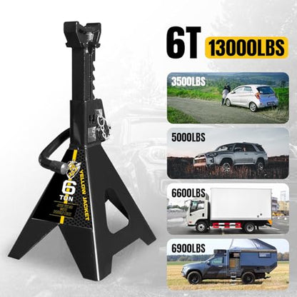 YELLOW JACKET Jack Stands 6 Ton with Double Locking for Lifting Car SUVS, Heavy Duty Steel, 13000 lb Capacity, 1 Pair, Black - color: black, size: 6 ton double locking
