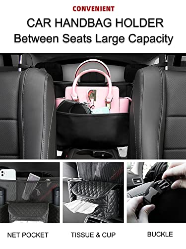 Car Handbag Holder Between Seats with Multi-Pocket Large Capacity Storage Bag, Pet Kids Barrier, Driver Storage Pouch for Handbag Cup - color: Black with Tissue Box