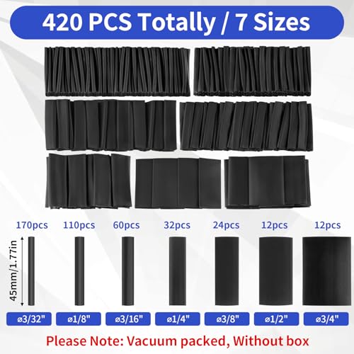 420 pcs Heat Shrink Tubing Kit, 3:1 Ratio Adhesive Lined, 7 Sizes | Marine Heat Shrink Wrap Tubing. Waterproof Black Heatshrink Tubes for Industrial, Electrical, Cable Repair