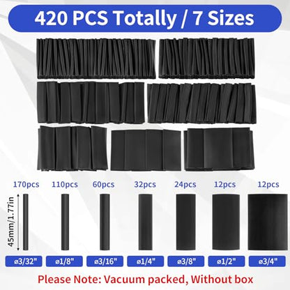 420 pcs Heat Shrink Tubing Kit, 3:1 Ratio Adhesive Lined, 7 Sizes | Marine Heat Shrink Wrap Tubing. Waterproof Black Heatshrink Tubes for Industrial, Electrical, Cable Repair
