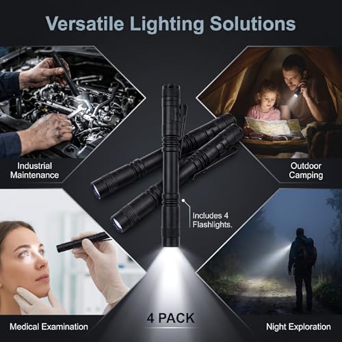 4-Pack Mini Flashlight, Powerful Small Led Pocket Flashlights with Clip | 2×AAA Battery Powered Portable Pen Light for Emergency Repair Camping Walking and Outdoor, 5.2" (Battery Not Include Long) - size: Long