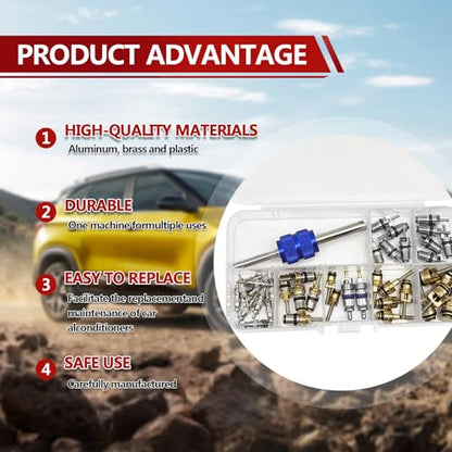 40PCS A/C R12 R134a Car Air Conditioner Valve Core Seal Kit, Refrigeration Tire Valve Stem Cores Repair Kit Double Head Dual Dismantling Installer Tool