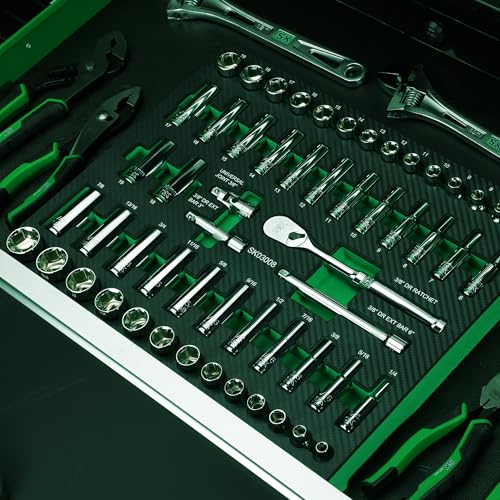 SK 3/8" Drive Socket Set with 90-Tooth Ratchet, SAE & Metric, CR-V Steel | 56-Piece Sockets, SuperKrome Finish, Heat Treated, with EVA Foam Tool Organizer - size: SAE & Metric