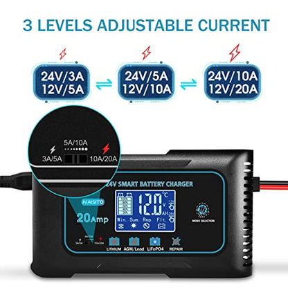 Haisito 20-Amp Smart Battery Charger (Lithium LiFePO4 & Lead-Acid), 12V/24V Rapid Automotive Car Charger with Temperature Compensation - Trickle Maintainer for Boat, Truck, RV, Lawn Mower, Marine