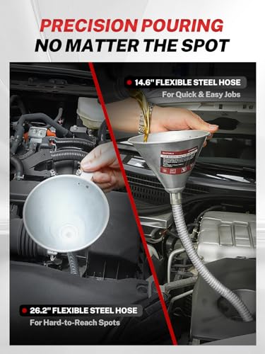 BILITOOLS 4pc Oil Funnel Kit, Flexible & Steel Bendable Oil Change Kit | Funnel For Automotive Use, Flexible Drain Funnel, 14.6"/26.2" Long Neck Hoses, Spill-Free Metal Bendable Spout Funnel Set
