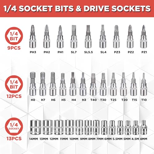 CARTMAN 46PCS 1/4 in Drive Socket Ratchet Wrench Tool Set with Bits&Case | auto repair, home maintenance, garage, DIY, metric sockets, ratchet wrench, bit socket set, extension bar, storage case - style: 46 Piece
