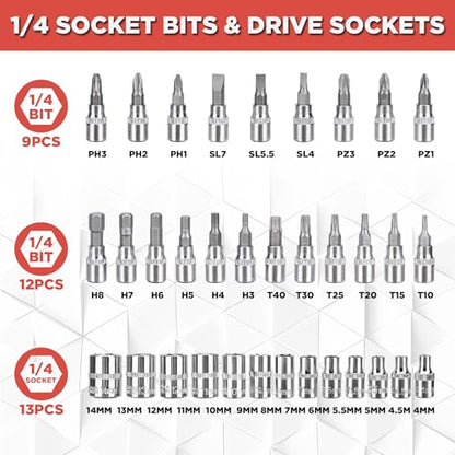 CARTMAN 46PCS 1/4 in Drive Socket Ratchet Wrench Tool Set with Bits&Case | auto repair, home maintenance, garage, DIY, metric sockets, ratchet wrench, bit socket set, extension bar, storage case - style: 46 Piece
