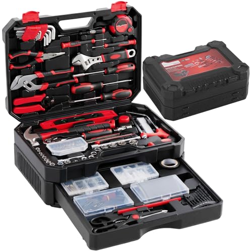 OLIXIS 330 Piece Home Repair Tool Kit with Pull-Out Drawer, Carbon & Cr-V Steel Tool Box, Complete Homeowners Repair Kit for DIY & Auto Maintenance for Home, Black-Red - color: Black Red, size: 15.7
