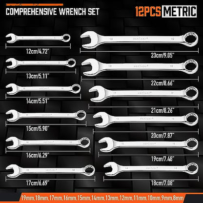 HORUSDY 12-Piece Metric Wrench Set | Combination Wrench Set with Organizer | 12 Point | 8mm - 19mm | Chrome Vanadium Steel - style: 12-Piece Metric Wrench Set