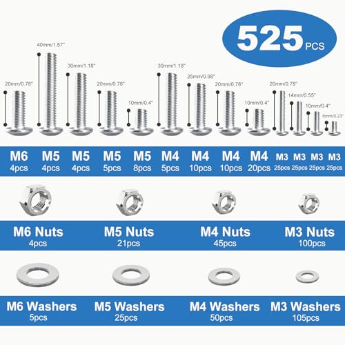 525PCS Machine Screws Assortment Kit, M3 M4 M5 M6 Phillips Head Nuts and Bolts Assorted Set with Storage Case, Metric Bolts Nuts and Flat Washers Kit - size: 525PCS-M3 M4 M5 M6