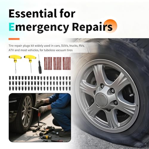 Flat Tire Repair Kit Heavy Duty,All-in-One Tire Plug Kit Includes 60PCS Screw,15PCS Tires Plugs Seal Strip,Screwdriver,Drill,Screw in Tires Plugs Car Emergency Kits for Puncture